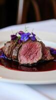 Artisan Beef Dish with Red Wine Sauce on Handmade Porcelain photo