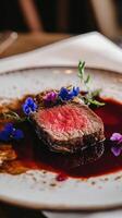 Luxury Restaurant-Style Beef Plating with Rich Red Wine Jus photo