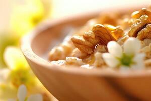 Nutritious oatmeal bowl topped with walnuts and honey on a wooden table surrounded by flowers photo