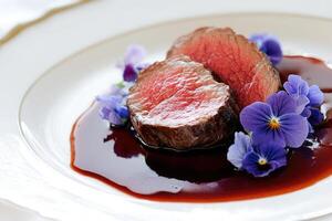 Minimalist Gourmet Plating of Beef Tenderloin with Elegant Style photo