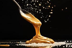 Tahini and honey dance in dynamic swirl above a messy surface with salt granules falling gently around photo