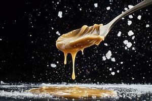 Swirling tahini and honey blend creating delicious texture in mid-flow above a messy surface photo