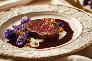 Modern Fine Dining Beef Tenderloin with Elegant Garnish Details photo