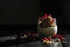 Indulgent Greek yogurt layered with golden granola and fresh pomegranate seeds in a moody setting photo