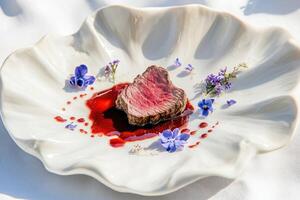 Refined Steak Dish with Rich Red Wine Jus and Gourmet Styling photo
