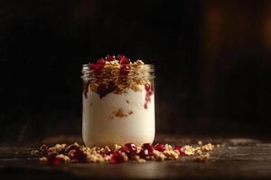 Rich Greek yogurt layered with golden granola and pomegranate seeds in low light for a luxurious feel photo