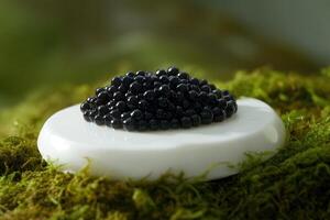 Black caviar on porcelain slab surrounded by verbena foam in a minimalistic setting evokes culinary elegance photo