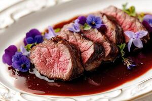 Artfully Composed Beef Dish with Wine Jus and Soft Lighting photo