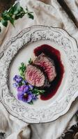 Fine Dining Beef Dish with Soft Light and Elegant Table Setting photo