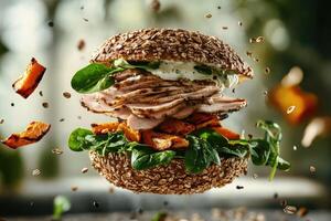 Mega sandwich mid-levitation showcasing vibrant layers and creamy drizzles for a captivating culinary experience photo