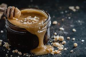 Indulgent mixture of tahini and honey spilling from a jar with sea salt flakes on a dark, rustic surface photo