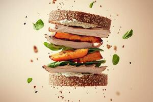 Mega sandwich with floating ingredients featuring grilled sweet potato, turkey, and spinach in mid-air photo