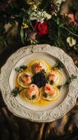 Five handmade lobster ravioli with saffron butter sauce and Oscietra caviar on an artisanal porcelain plate photo