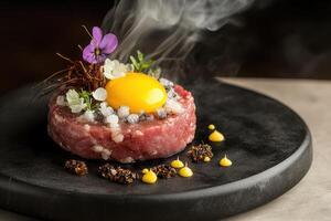 Finely sculpted red Wagyu tartare with smoked egg yolk emulsion and edible flowers on a matte-black plate photo