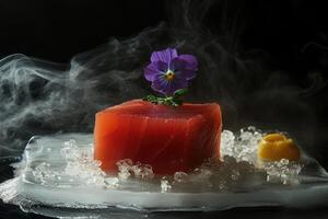 Deep red tuna cube with shiso infusion and citrus smoke on frosted plate photo