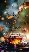 Delicate tea pour into a porcelain cup with blends and splashes for a refreshing experience photo