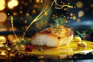 Delicate black cod with saffron emulsion and edible flowers creating a culinary masterpiece photo