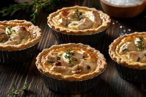 Mini chicken and mushroom quiches in rustic fluted molds showcasing savory filling and golden crusts photo