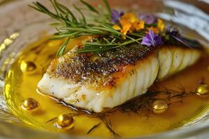 Buttery black cod with saffron emulsion and edible flowers creates an elegant culinary masterpiece photo