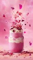 Suspended chaos of pink tea chia pudding and creamy yogurt in dynamic levitation against a vibrant pink background photo