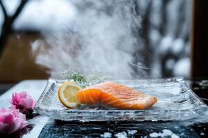 Delicate Arctic char with yuzu mist and seasonal garnishes on a crystal plate photo