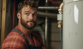 Plumber inspecting water heater and pipes, focusing on installation photo
