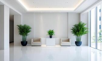 dental clinic reception with sleek furniture, calming blue and white tones, bright lighting, welcoming atmosphere photo
