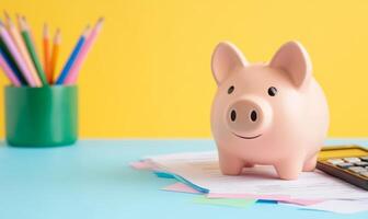 FAFSA theme with a piggy bank, calculator, and financial aid documents spread on a bright, colorful desk with motivational stickers photo