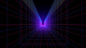 Red and blue retro futuristic wireframe grid background. 1980s style computer graphics animation. video