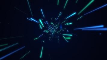 Flying through exploding swirling green and blue neon light beams or lasers. High speed glowing particles animation. HD and looping background. video
