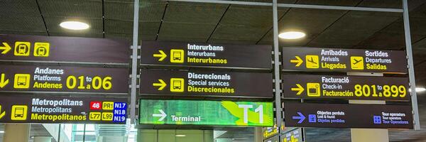 Airport terminal signs in multiple languages, travel navigation, international transit hub concept March 16 2025, Barcelona, Spain photo