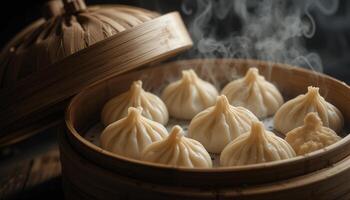 Steaming Hot Soup Dumplings in Bamboo Steamer photo