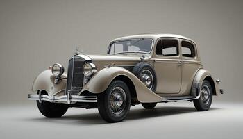 A classic beige vintage car with chrome details is displayed on a plain background photo