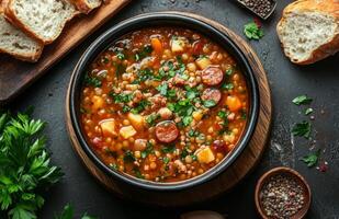 Soup with meat, beans and vegetables in a bowl on a dark background photo