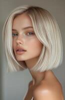 Blonde woman with bob haircut posing on gray background photo