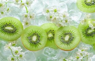 Fresh kiwi slices with ice cubes on white background photo