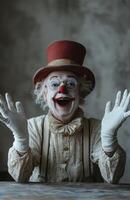 Funny clown in top hat with raised hands laughing joyfully photo