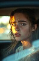 A young woman is looking out the window of a car photo