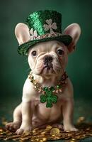 White French Bulldog puppy in emerald hat sitting on gold photo