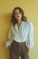 A woman in a white blouse and brown pants photo