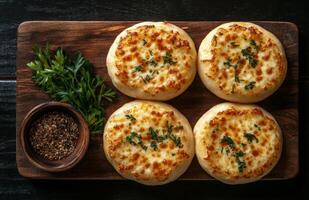 Cheese-topped mini pizza breads on rustic wooden kitchen table background photo