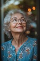 Senior woman smiling on porch with reflection in glass on sunny day photo