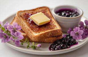 Delicious toast with butter and blueberry jam, flowers, white background photo