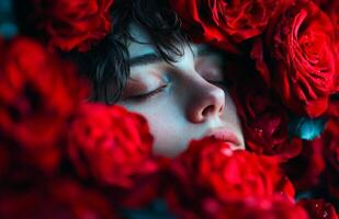 Androgynous person with closed eyes surrounded by red roses photo