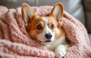Cute corgi dog sitting on sofa under soft blanket photo
