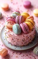 Colorful festive cake with macarons on pink background, sweet dessert for birthday celebration photo