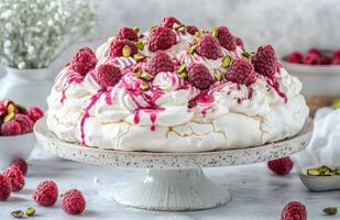 Pavlova dessert with cream, pink sauce, raspberries, pistachios, elegant light background photo