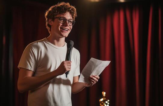 A man in glasses is holding a microphone and reading a piece of paper photo
