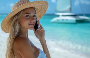 Beautiful blonde woman in white beachwear on tropical beach with catamaran photo