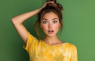 Happy Surprised Young Woman with Hand on Head on Green Background photo